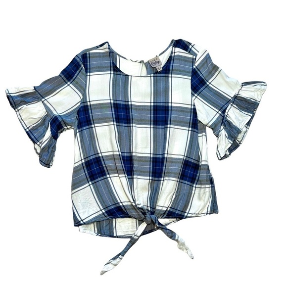 Como Vintage Blue and White Plaid Flutter Ruffle Sleeve Front Tie Top Size Small - Picture 12 of 16
